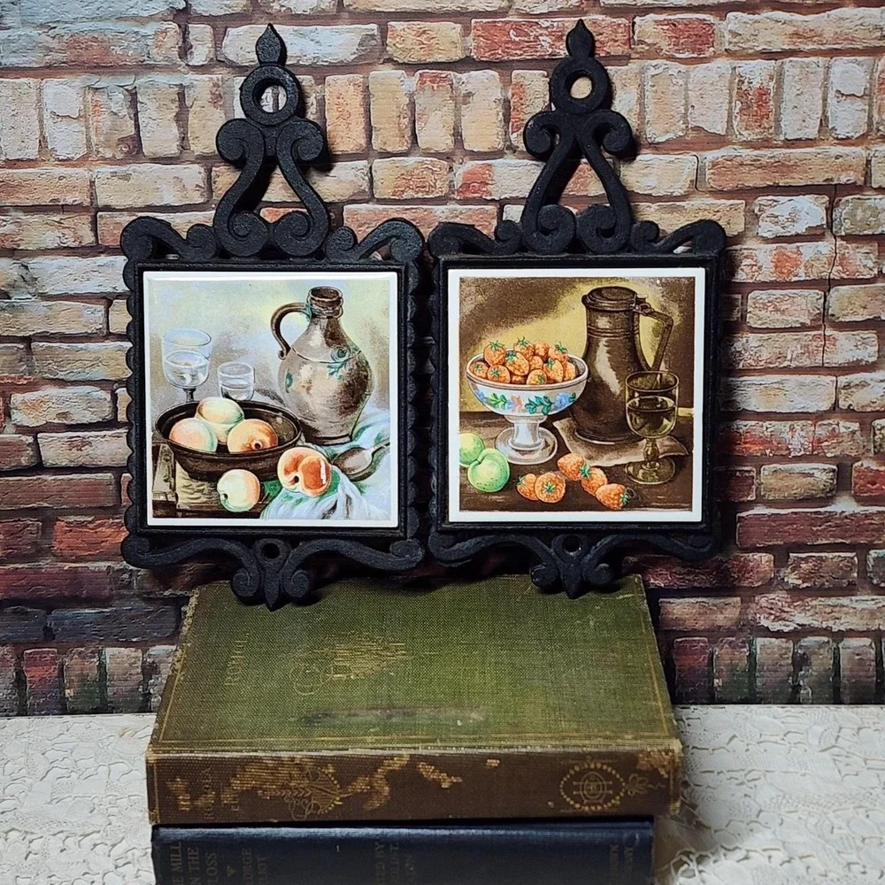 Vintage Enesco‎ Cast Iron Trivets Still Life Wall Plaques Pair Kitchen Japan MCM